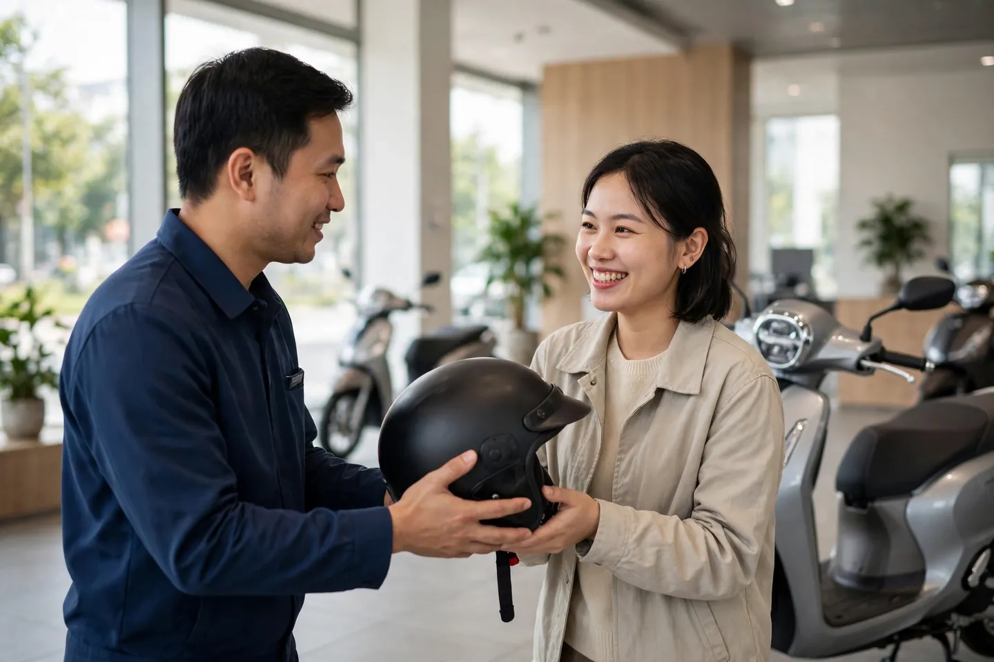 Nhân viên đại lý bàn giao mũ bảo hiểm cho khách bên cạnh xe tay ga (ảnh minh hoạ)